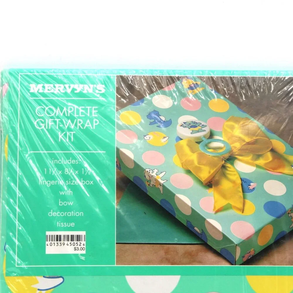 NOS MERVYN'S Child's Complete Gift Wrap Kit Green W/ Polka Dots Dinosaurs Rattle